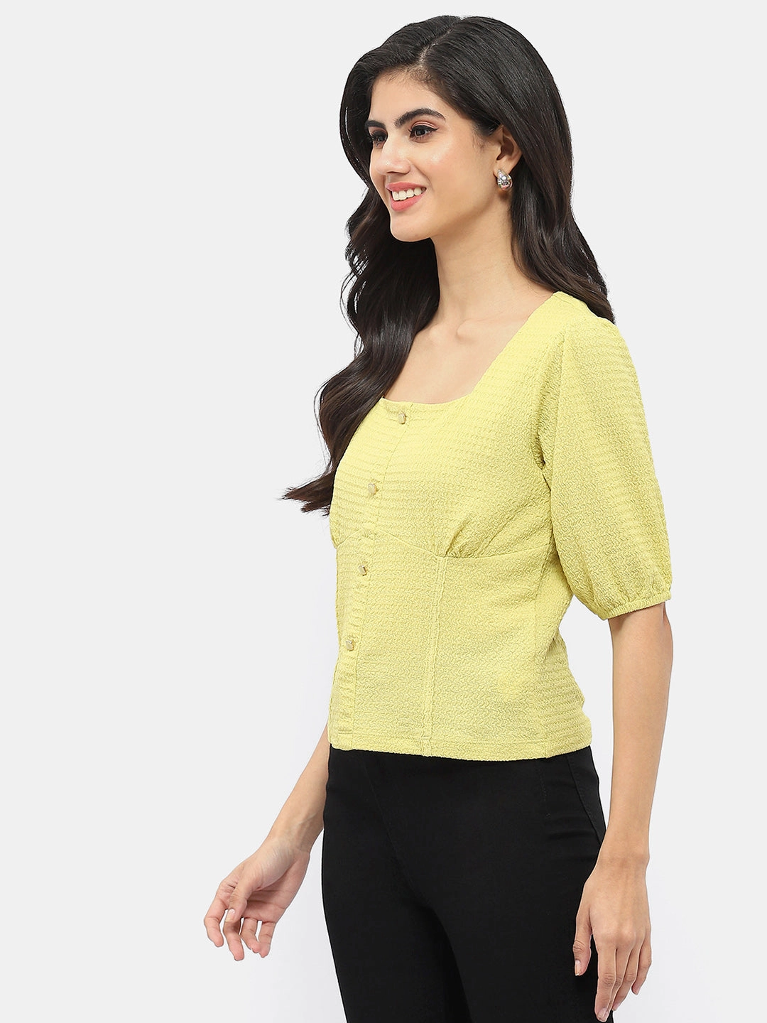 Sleeveless Tee High Collar Design Madame Square Neck Lime Green Crinkled Top