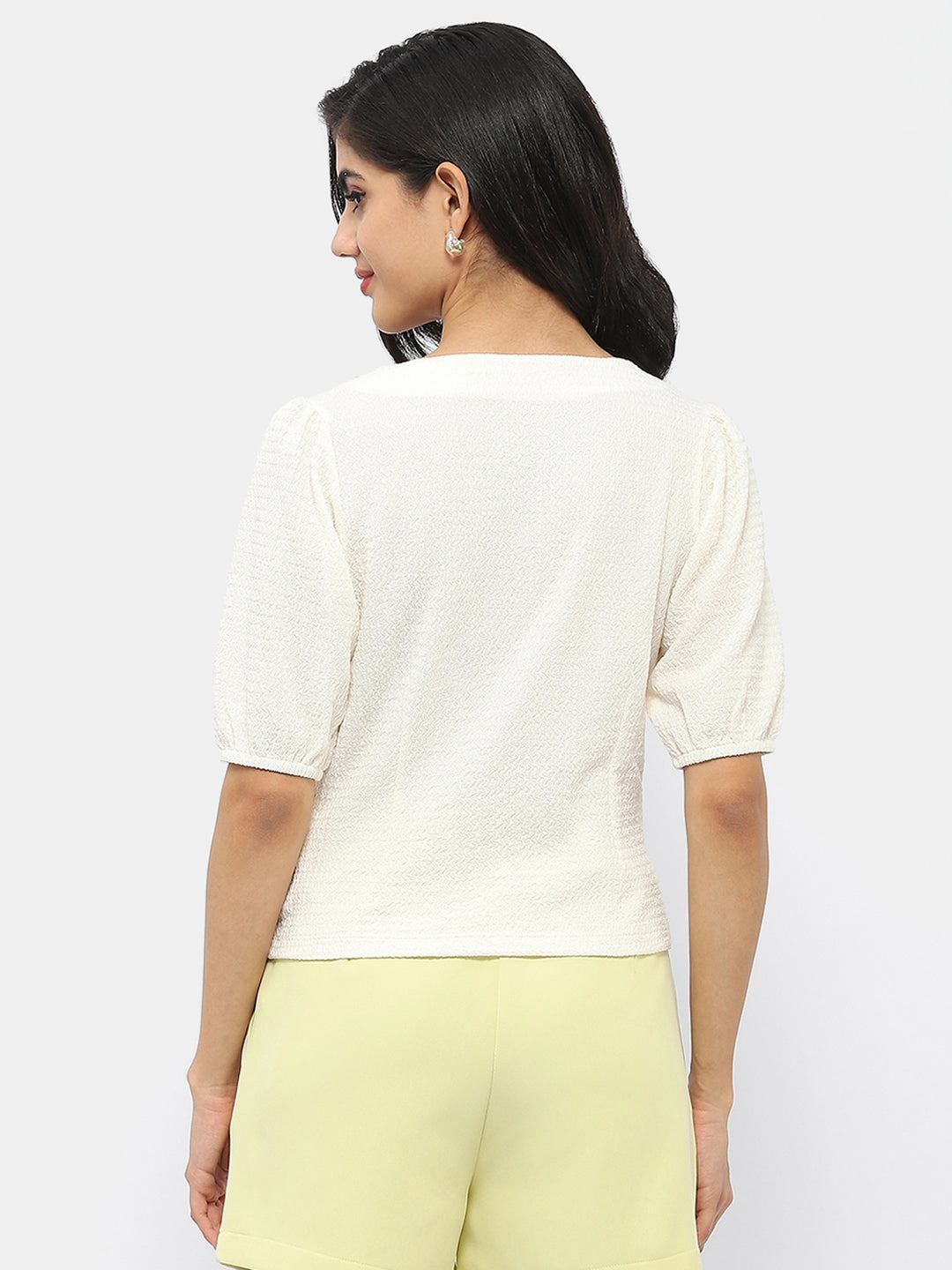 Durable Fiber Blend SoftTouchFinish Madame Square Neck Off-White Crinkled Top