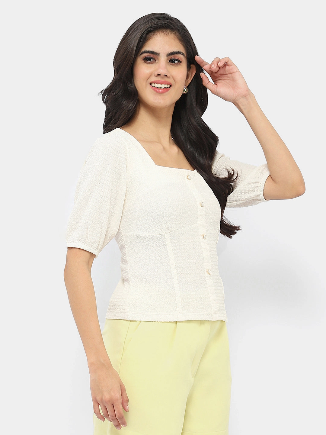 BondedSeamTechnology Madame Square Neck Off-White Crinkled Top