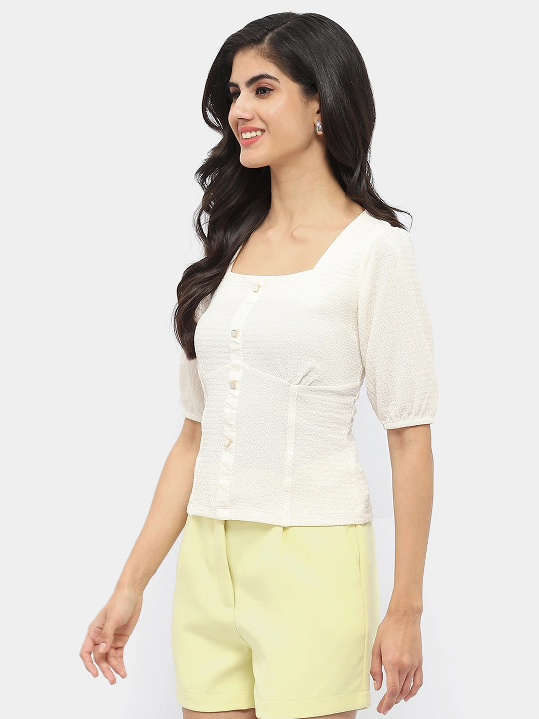 Regular Fit Madame Square Neck Off-White Crinkled Top