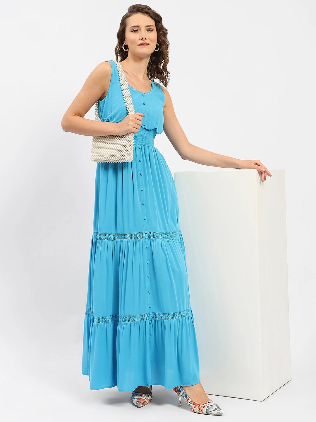 Madame Square Neckline Blue Tiered Dress Smart Tailoring Flow Ready