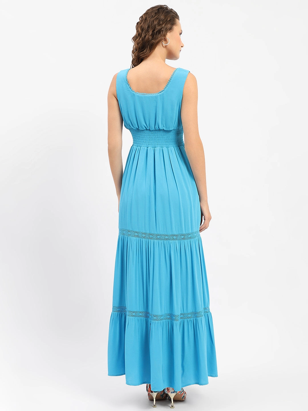 Madame Square Neckline Blue Tiered Dress Cotton Skin Cozy Comfort