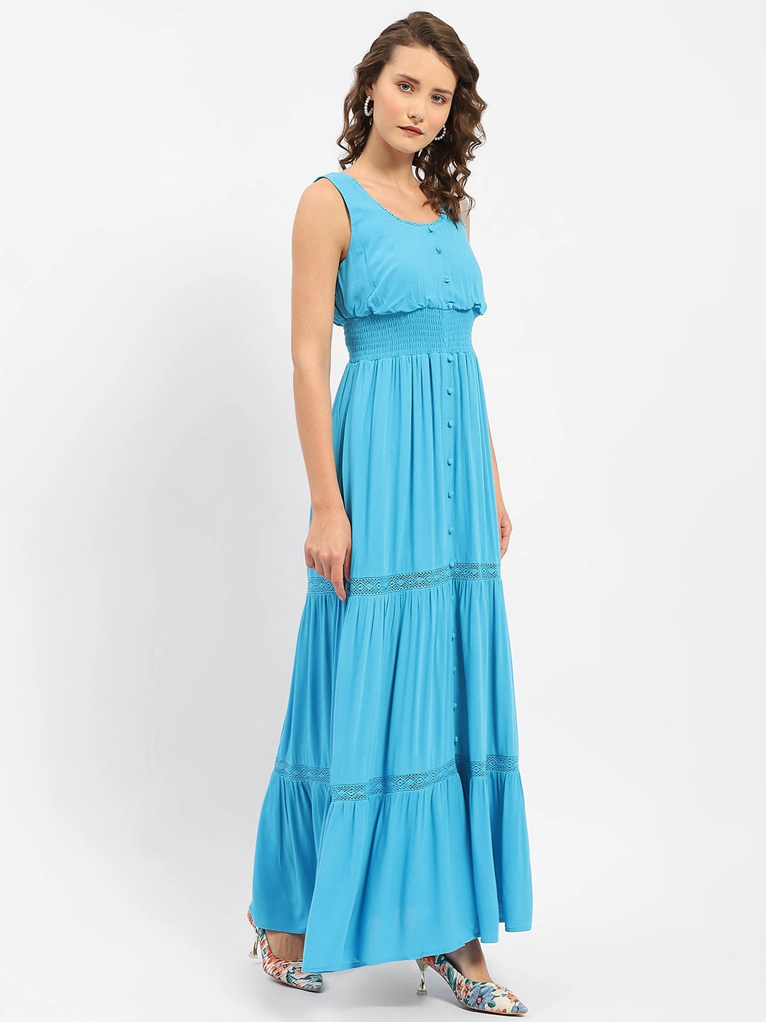 Madame Square Neckline Blue Tiered Dress Pleated-Skirt