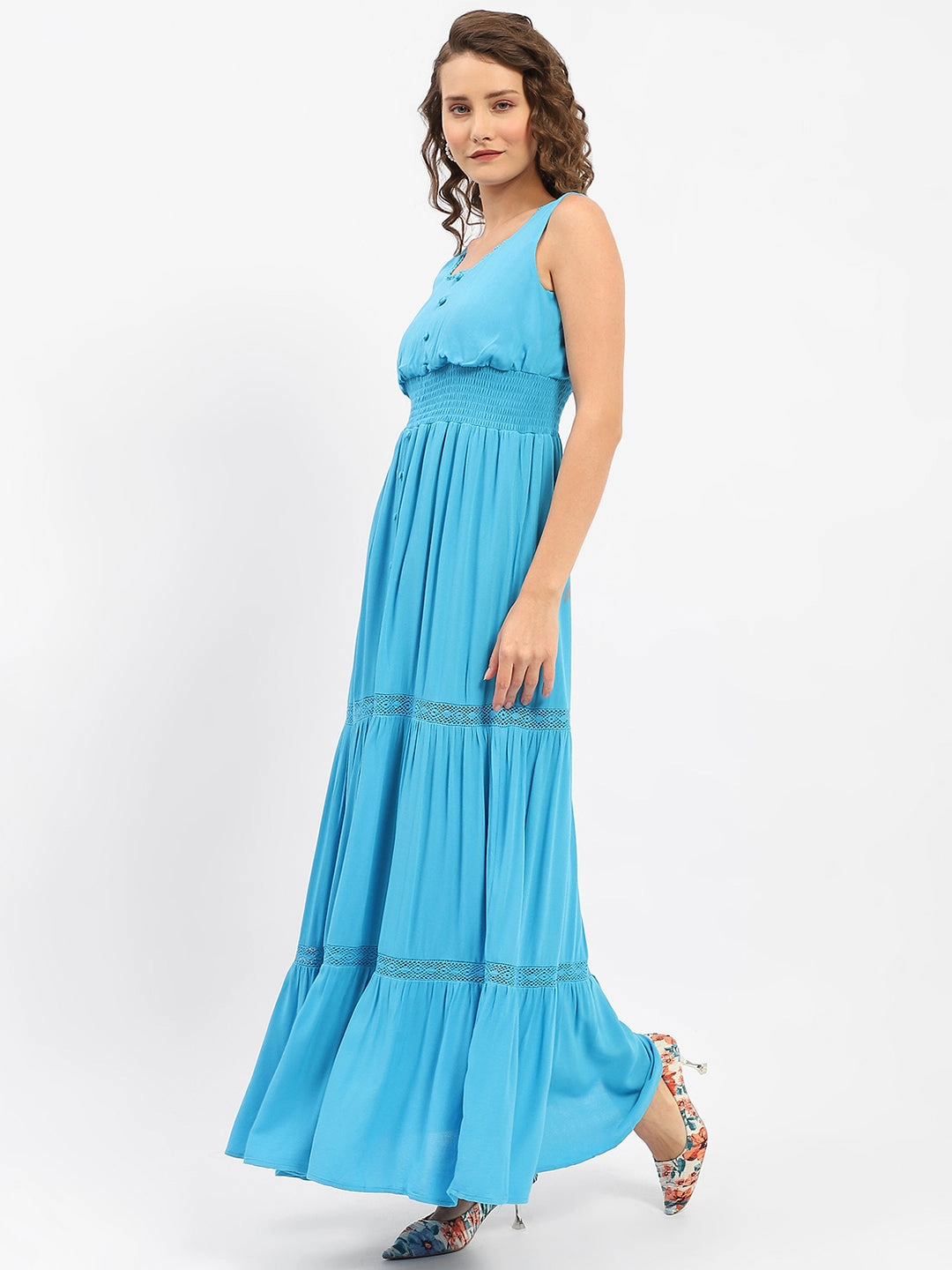 Madame Square Neckline Blue Tiered Dress Quick Match