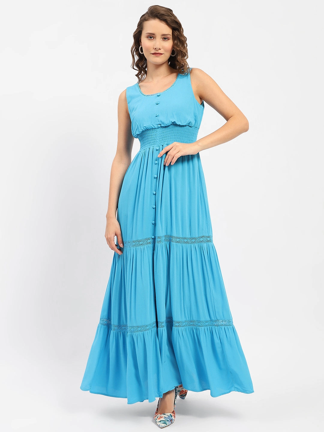 Madame Square Neckline Blue Tiered Dress Stay Cool Minimal Curve