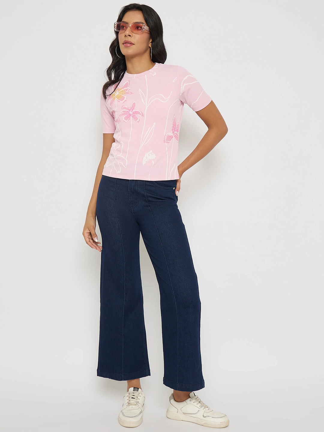 Sunny Vibes Casual Teen Outfit Nature Lover Unisex Wear Madame Stone Wash Cotton Blend Dark Blue Flared Jeans