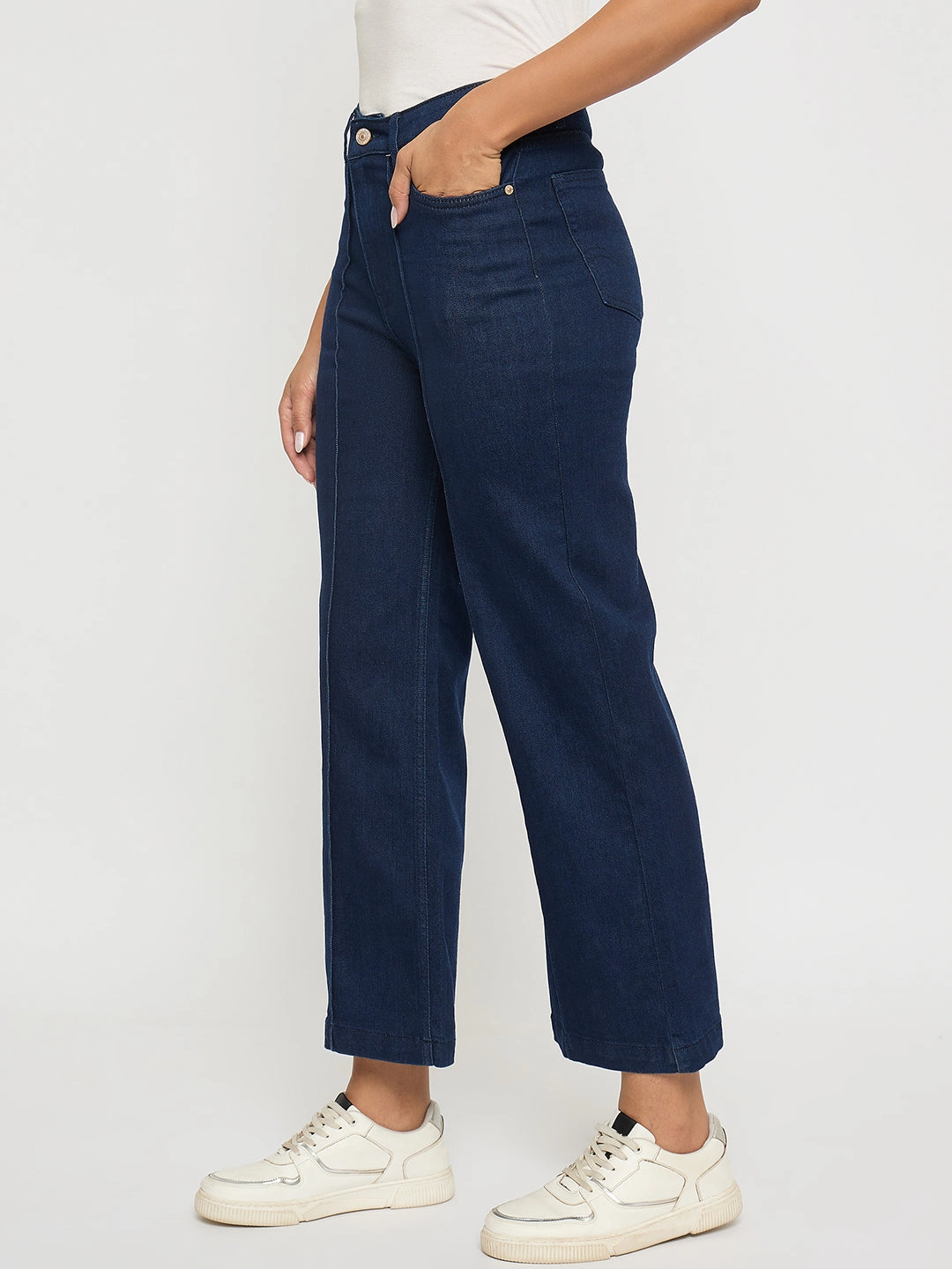 Lightweight Parent Style Durable Classic Style Madame Stone Wash Cotton Blend Dark Blue Flared Jeans