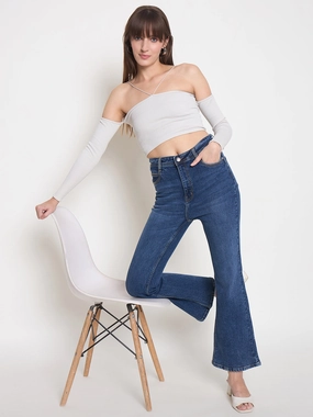 Fit Routine Cool Outfit Madame Stone Wash Dark Blue Whiskered Flared Denim Jeans
