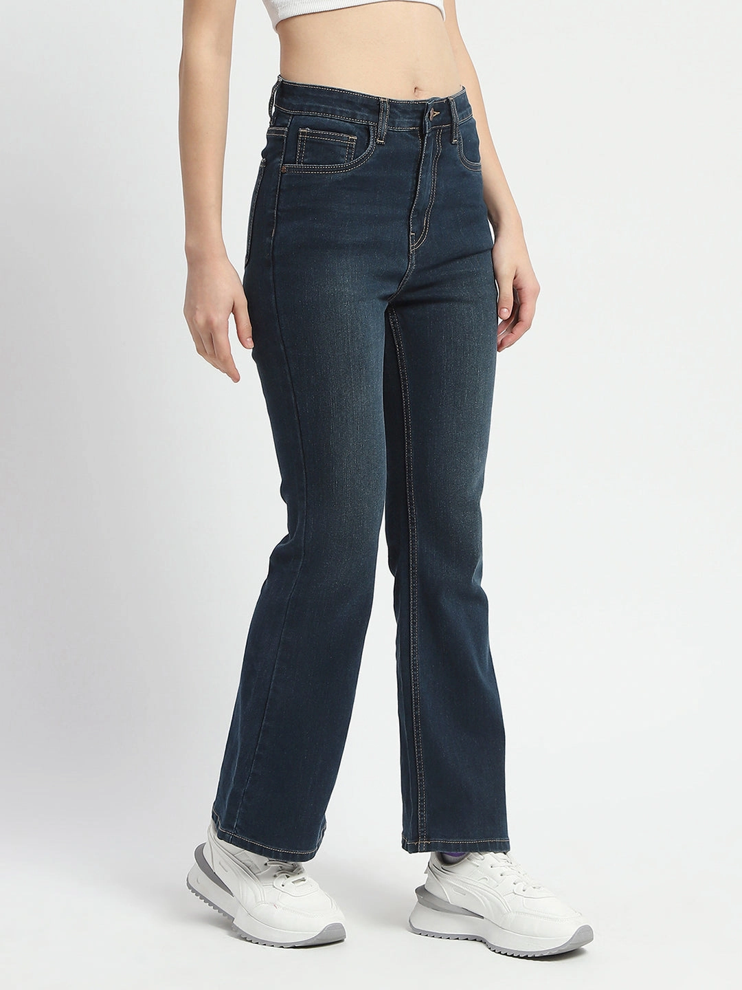 Madame Stone Wash Flared Blue Cotton Denim Neutral Outfit Everyday Gym Ready