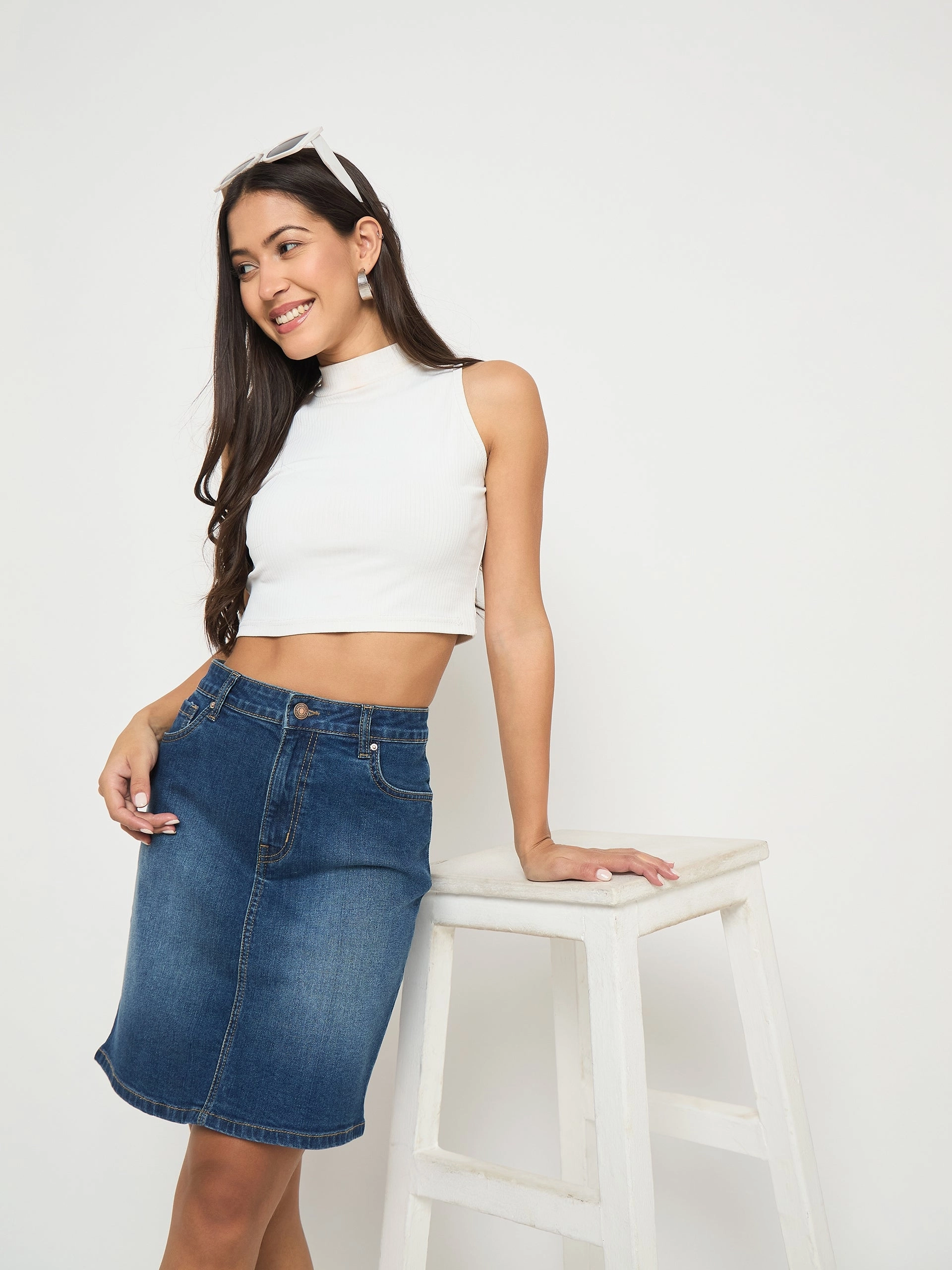 Madame Stone Wash Mid Blue Cotton Blend Mini Denim Skirt Opaque finish raw hem