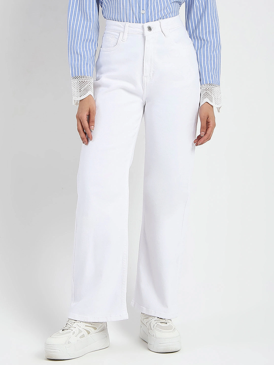Active Friendly Madame Stone Wash Wide Leg White Jeans