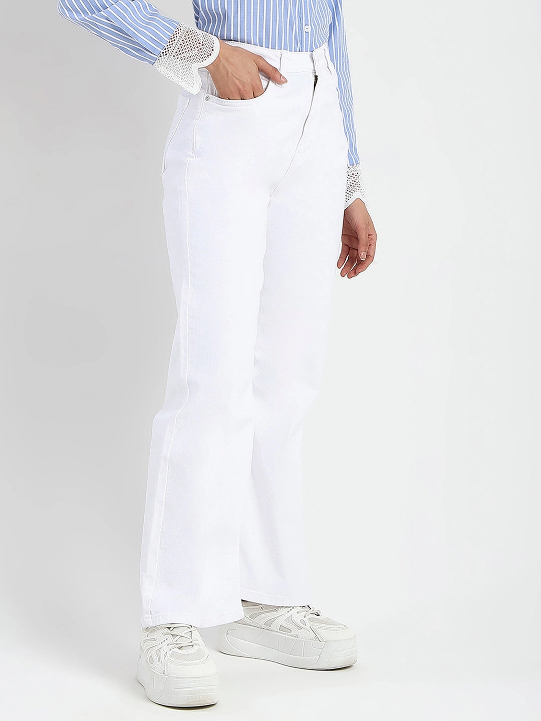 Creative Look Elegant Road Trip Madame Stone Wash Wide Leg White Jeans