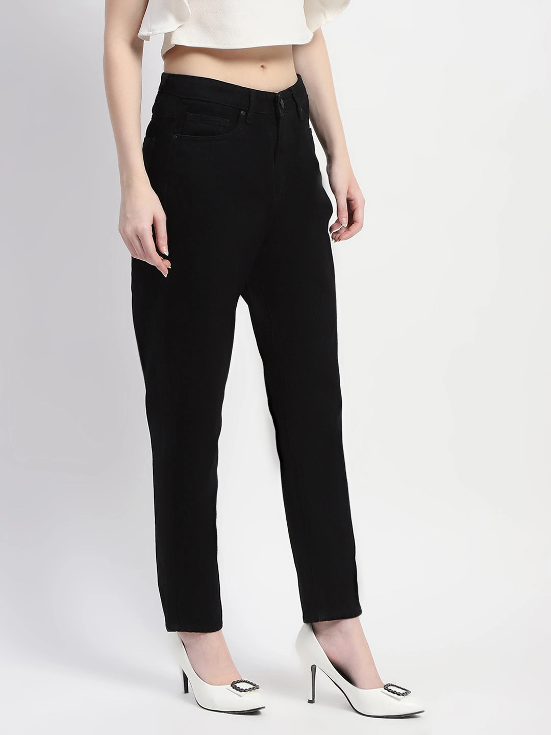 Madame Straight Fit Solid Black Denim Outfit Ease