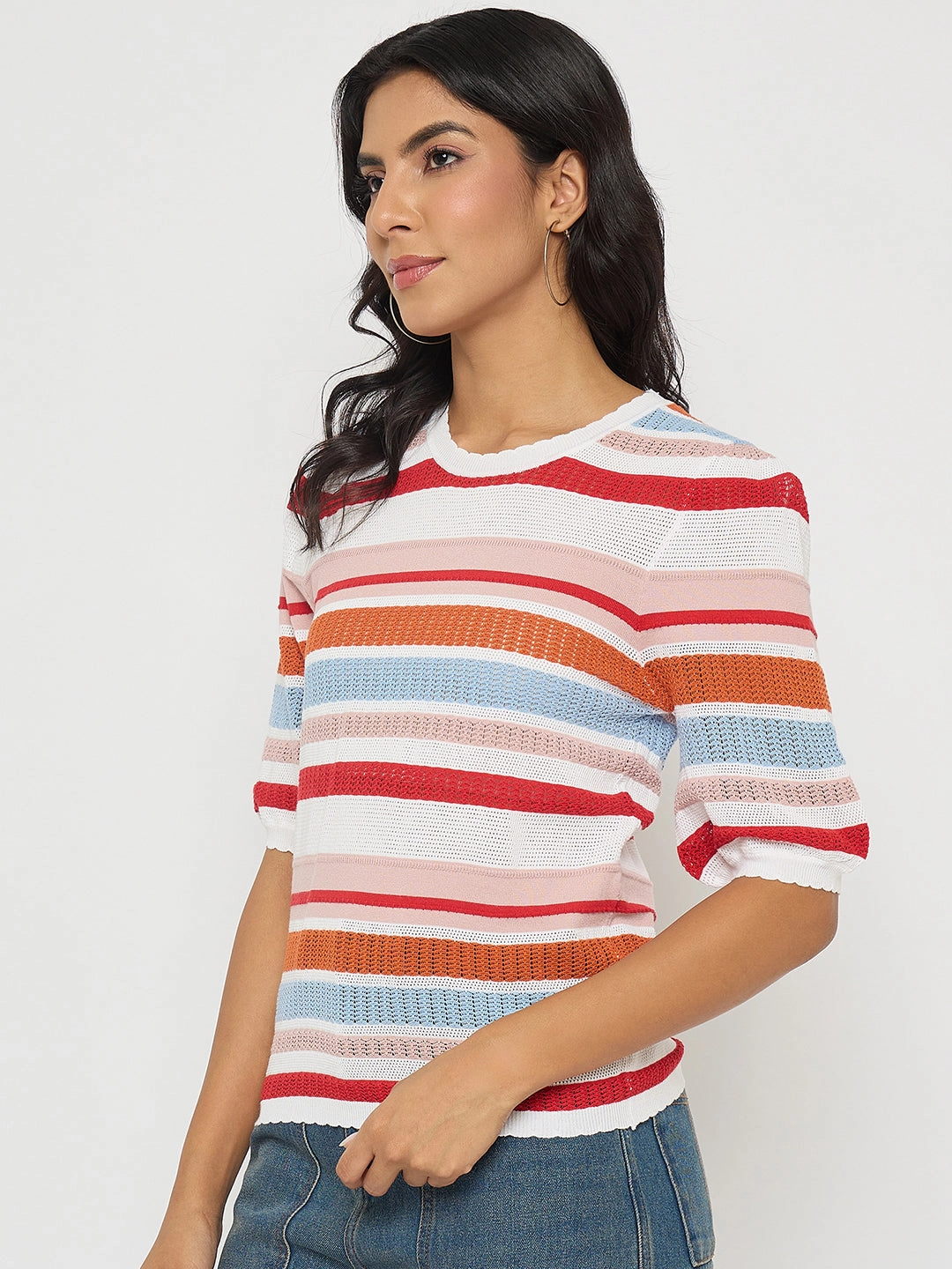 Madame Striped Multi-Color Open Stitch Knitted Top BrushedInnerSurface HypoallergenicFabric
