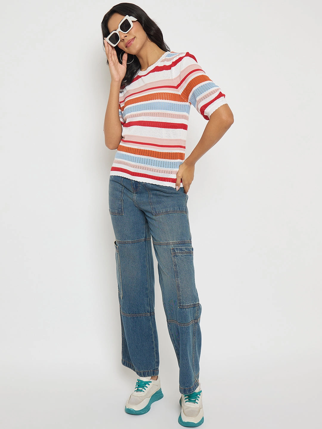 Madame Striped Multi-Color Open Stitch Knitted Top Anti Pilling