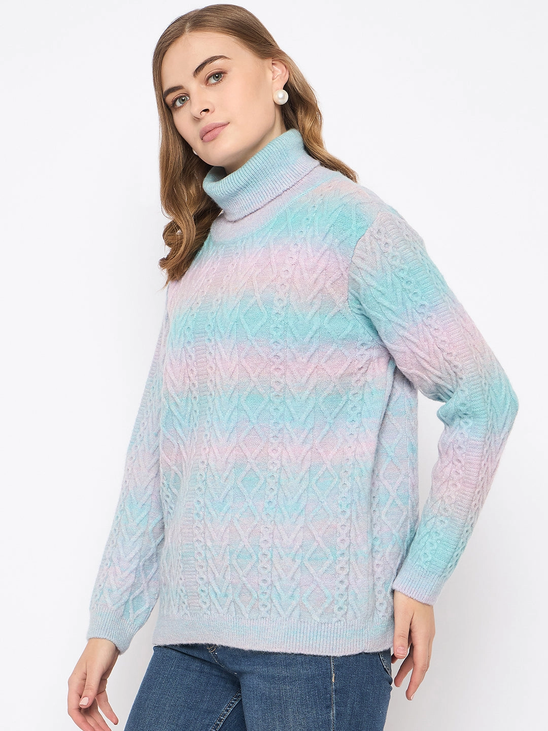Madame Striped Multicolor Turtleneck Sweater Breathable Comfort Fit Snuggly Knitwear