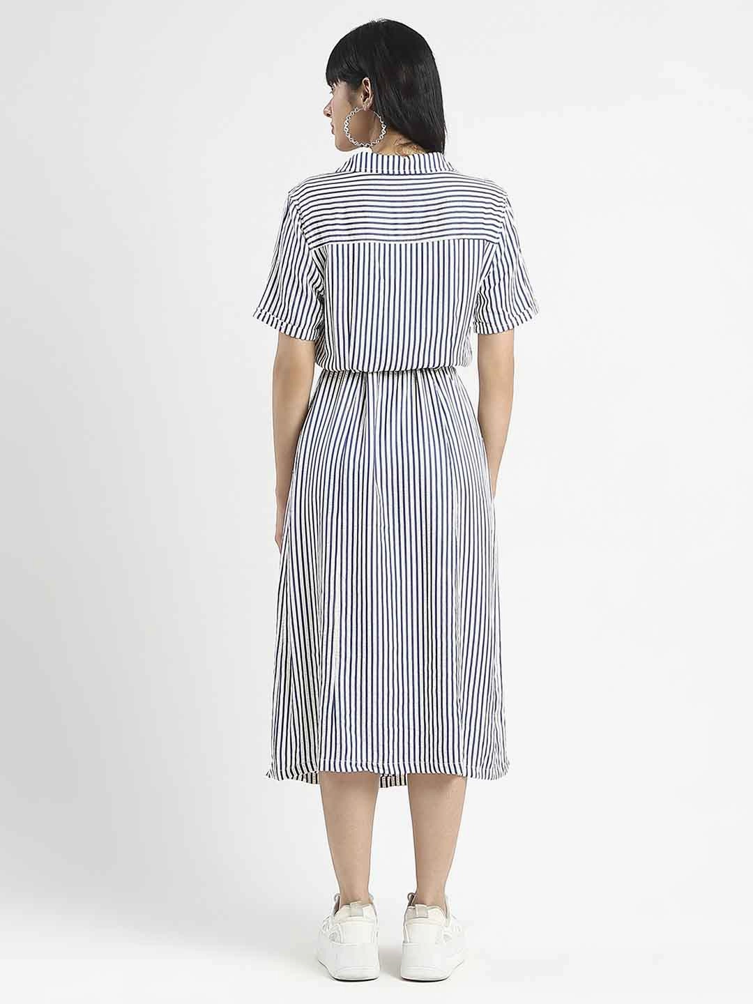 Madame Striped Navy Blue Midi Shirt Dress Day Outfit ComfortFitDesign