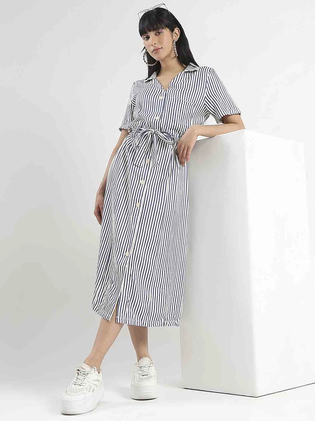Madame Striped Navy Blue Midi Shirt Dress Statement-Print Work Appropriate