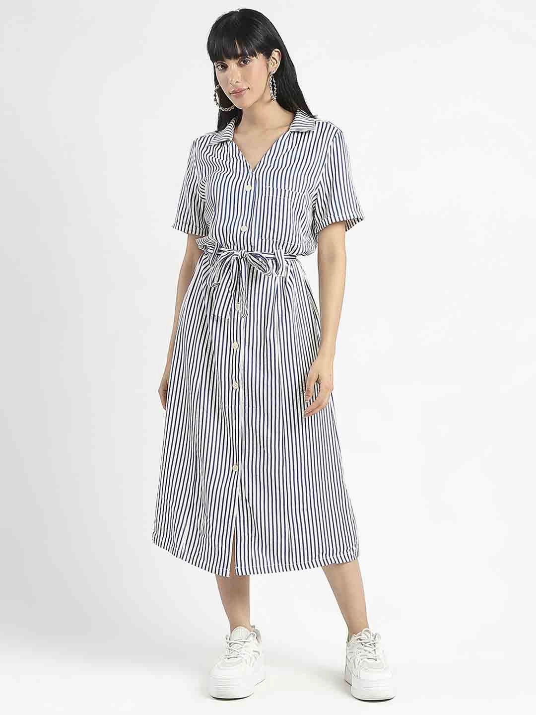 Madame Striped Navy Blue Midi Shirt Dress Classic Move