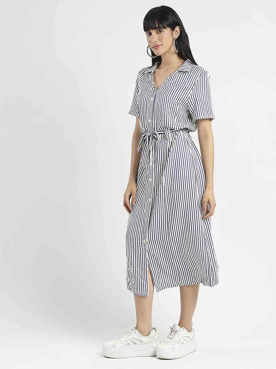 Stylish Vibe Madame Striped Navy Blue Midi Shirt Dress