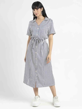 Madame Striped Navy Blue Midi Shirt Dress Classic Move