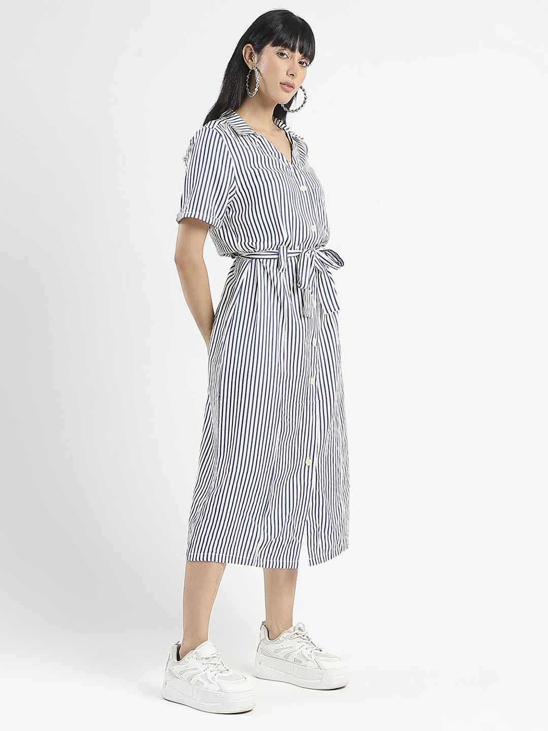 Madame Striped Navy Blue Midi Shirt Dress Polished Form AntiFrayEdging