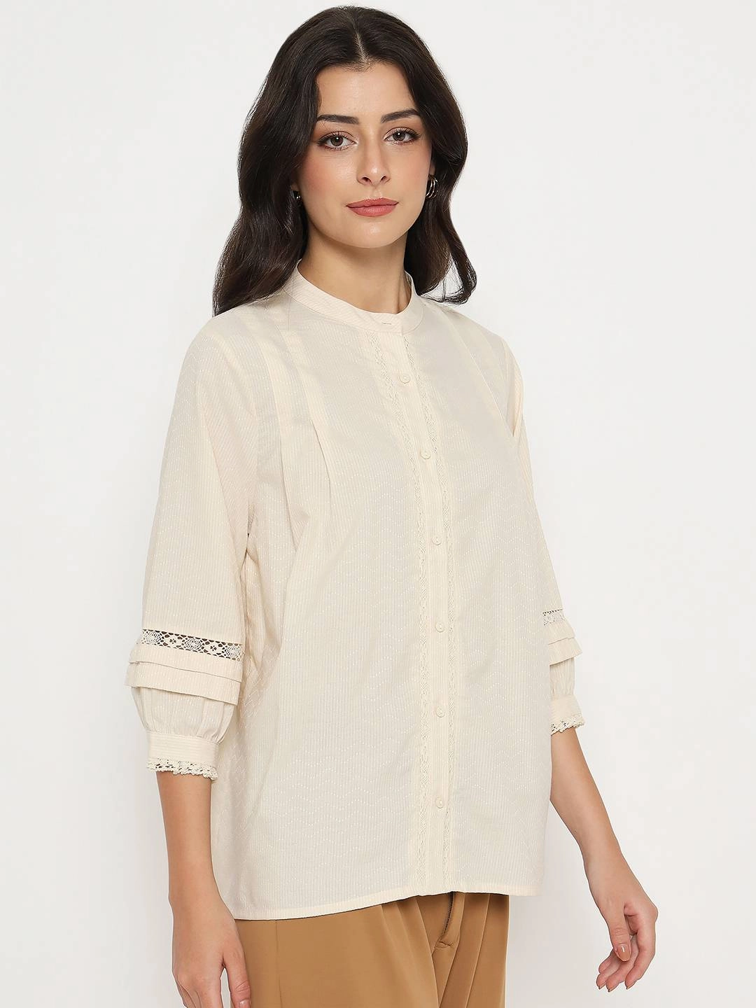 SoftTouch LayeredCuff Madame Striped Off-White Cotton Blend Top