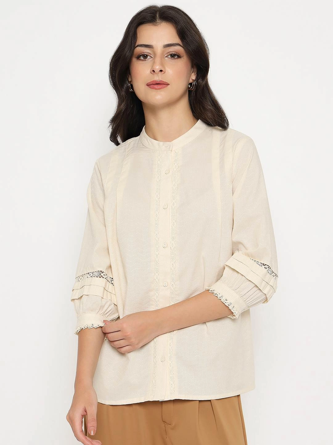 Basic Long Sleeve Madame Striped Off-White Cotton Blend Top