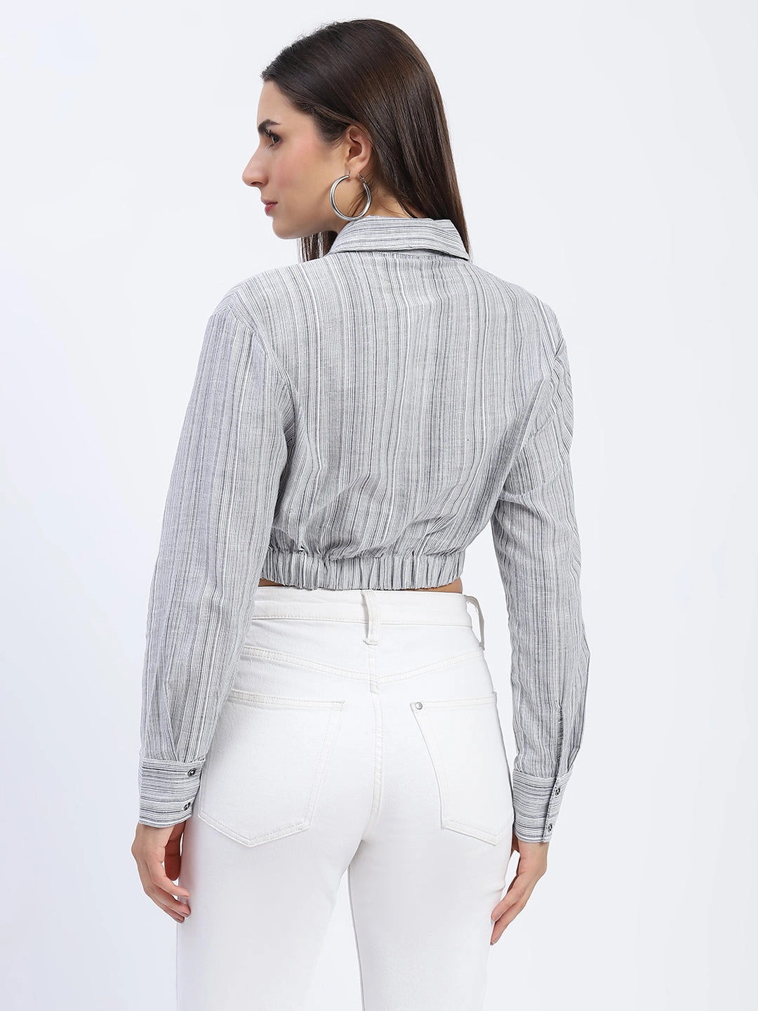 Lakeside Relaxation Madame Striped Overlap Detailing Off White Shirt