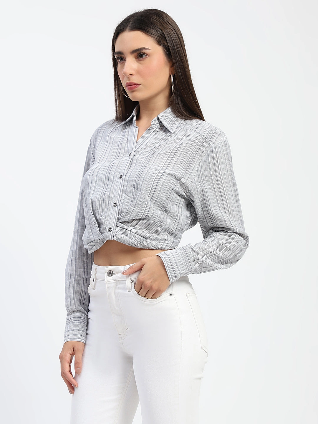 Madame Striped Overlap Detailing Off White Shirt Printed design