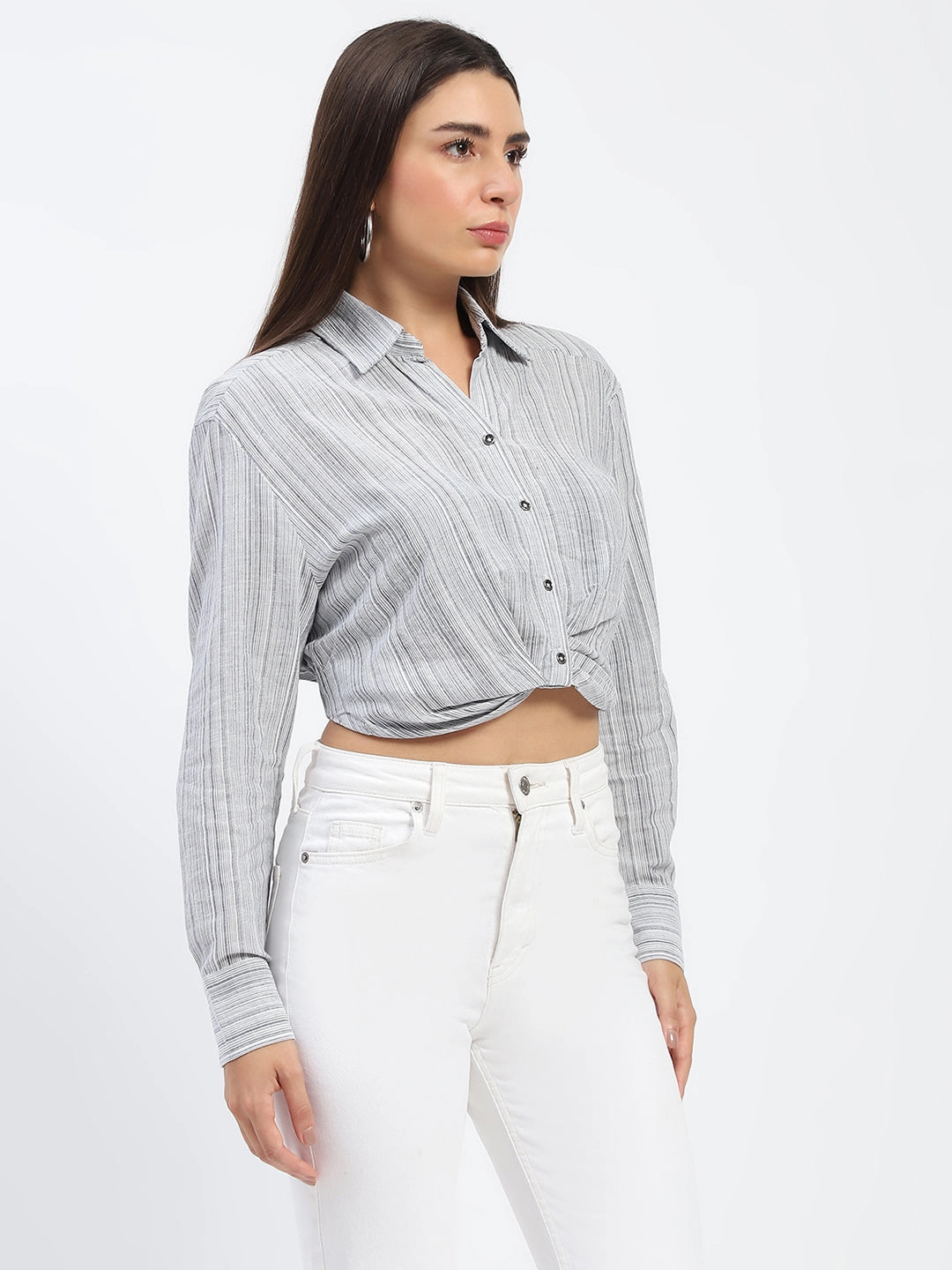 Madame Striped Overlap Detailing Off White Shirt Black Tie Optional Work Appropriate