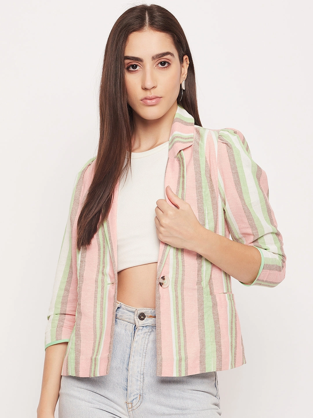 Madame Striped Peach Lapel Collar Blazer Shock Absorbent Padding