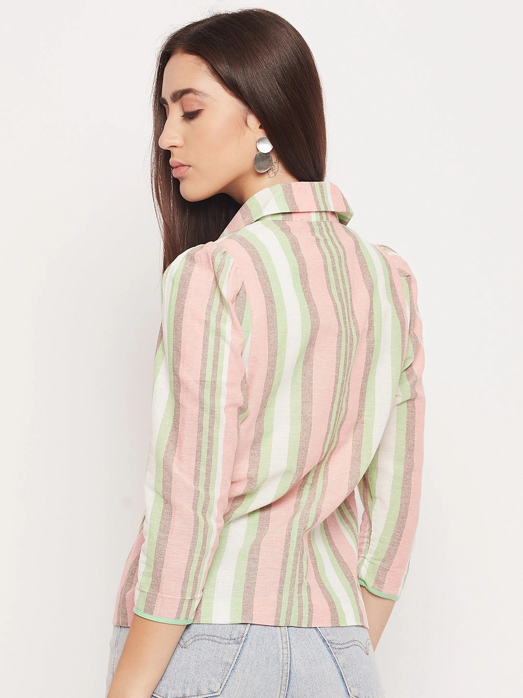Eco Certified Textile Warm Layer Option Madame Striped Peach Lapel Collar Blazer