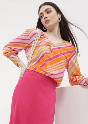 AntiPill Finish Comfortable fit Madame Striped Pink V-Neck Top