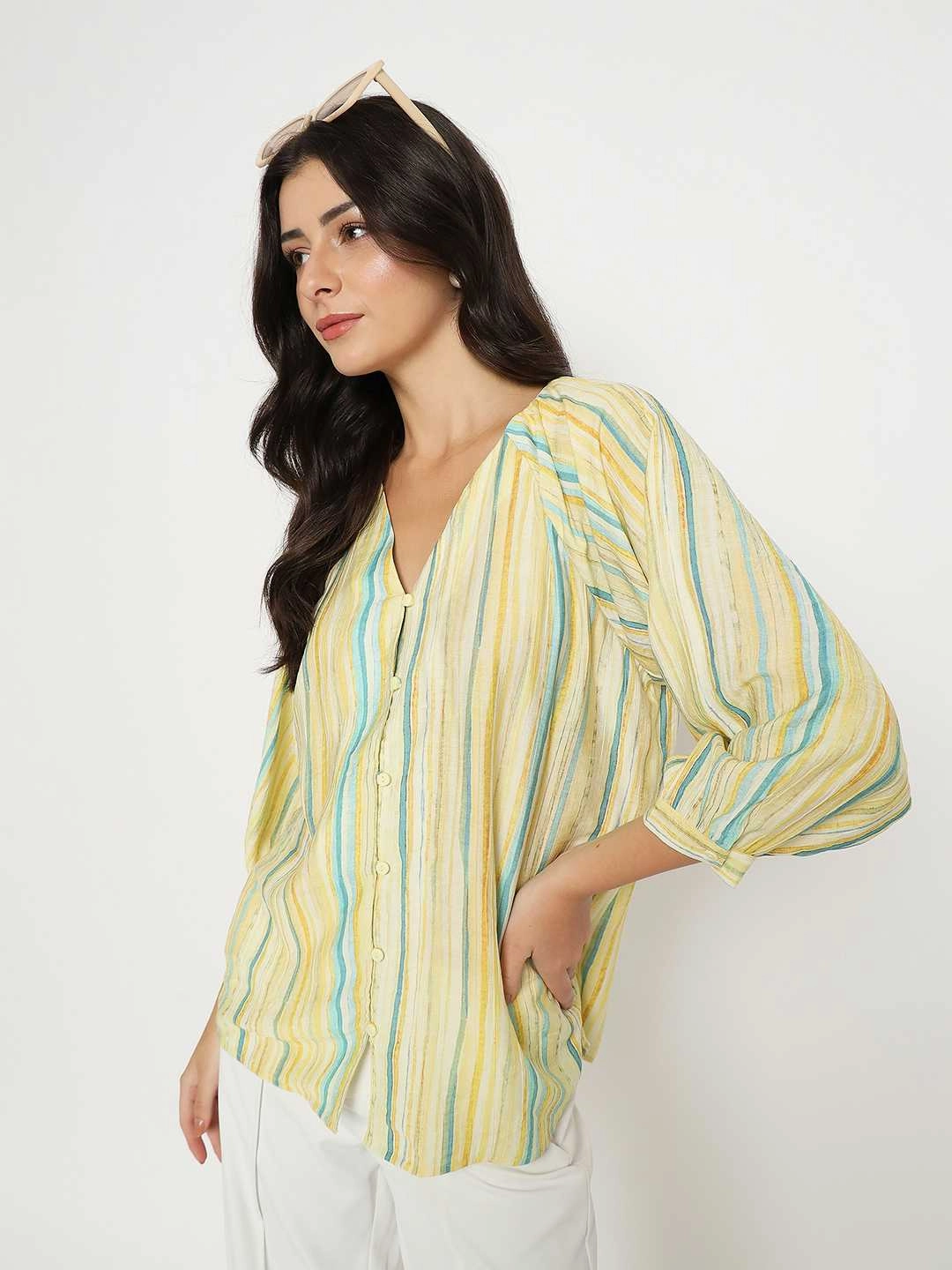 Madame Striped Rayon Blend Yellow Top MultipanelLayout