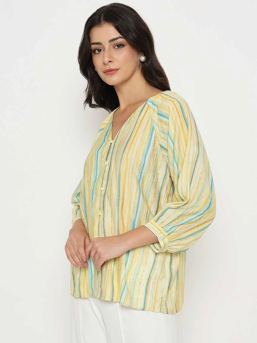 UV Protection Enhanced Madame Striped Rayon Blend Yellow Top