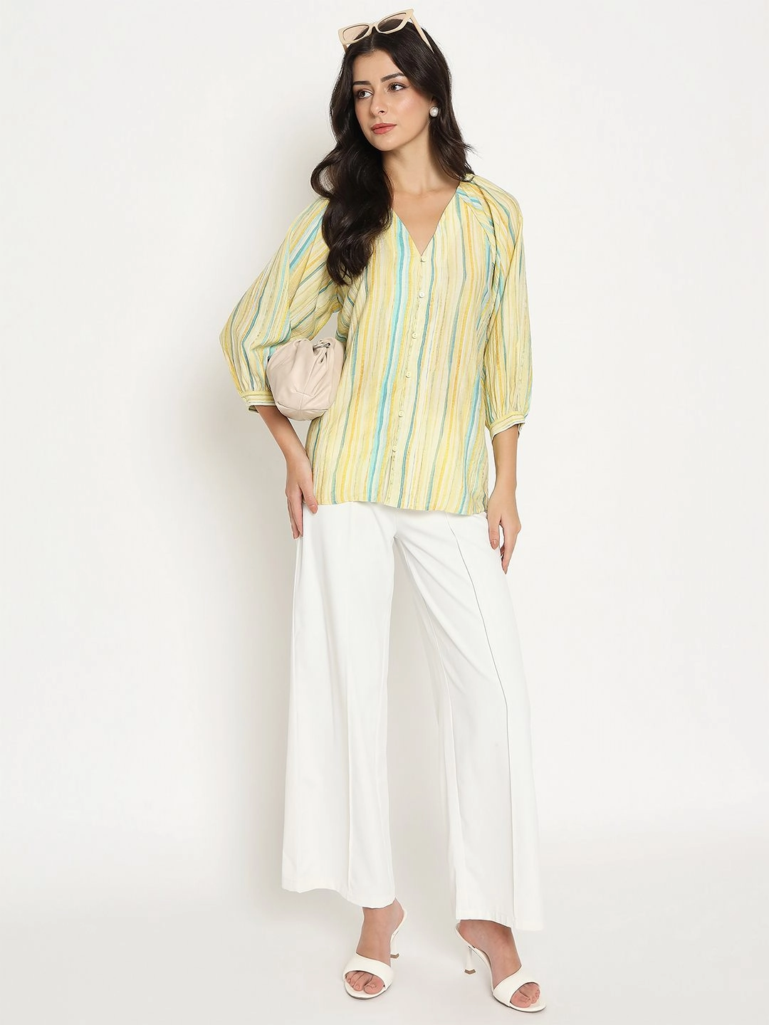Madame Striped Rayon Blend Yellow Top Taped Neckline Biodegradable material