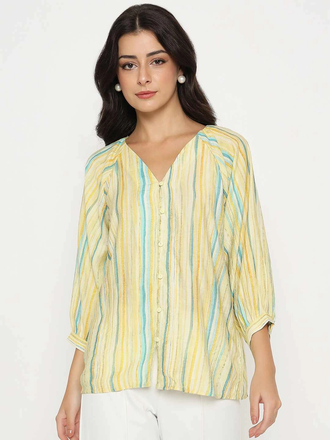 Denim Shirt Quick Dry Performance Madame Striped Rayon Blend Yellow Top