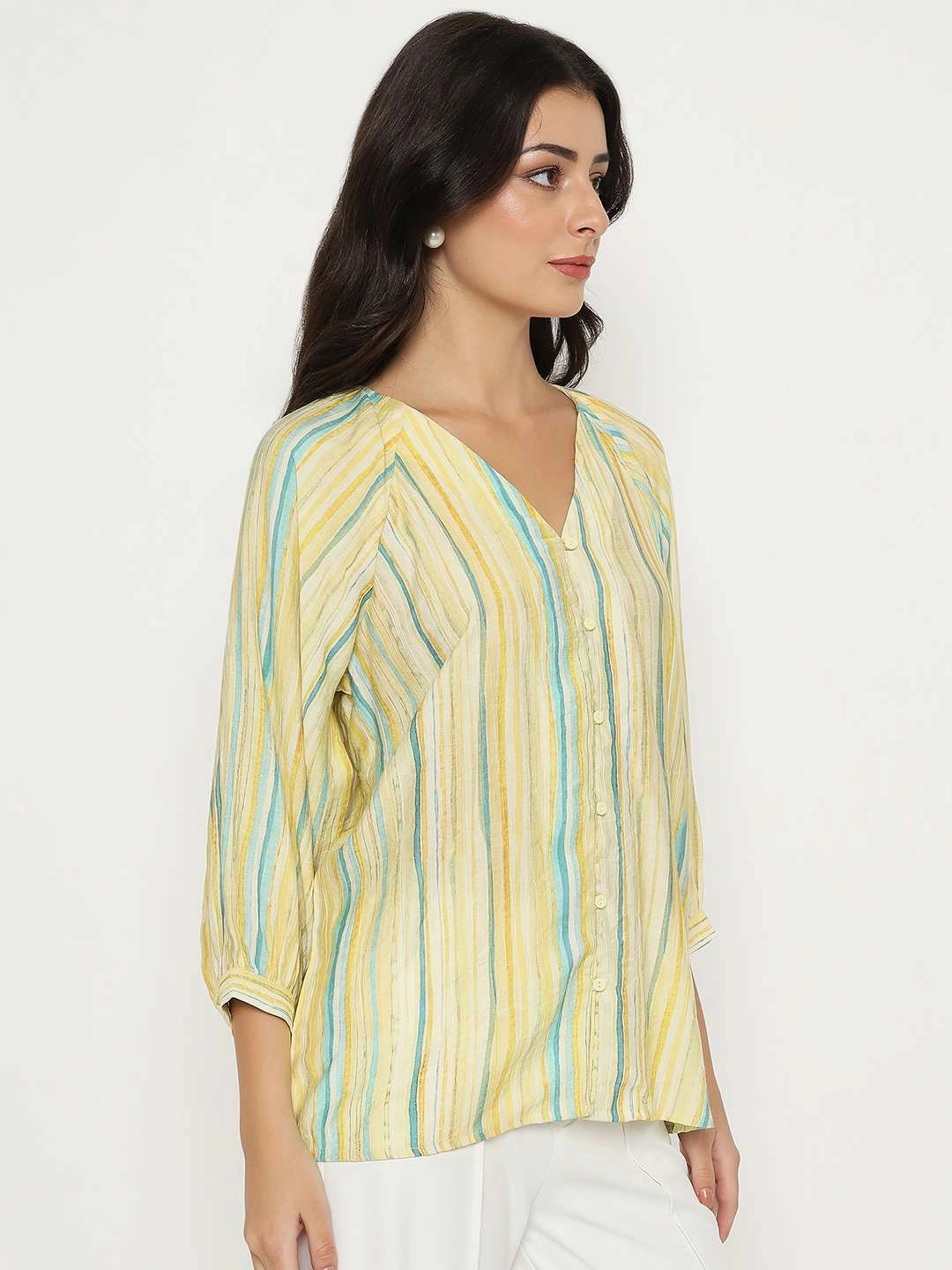 Madame Striped Rayon Blend Yellow Top LayeredPanel HighElasticity