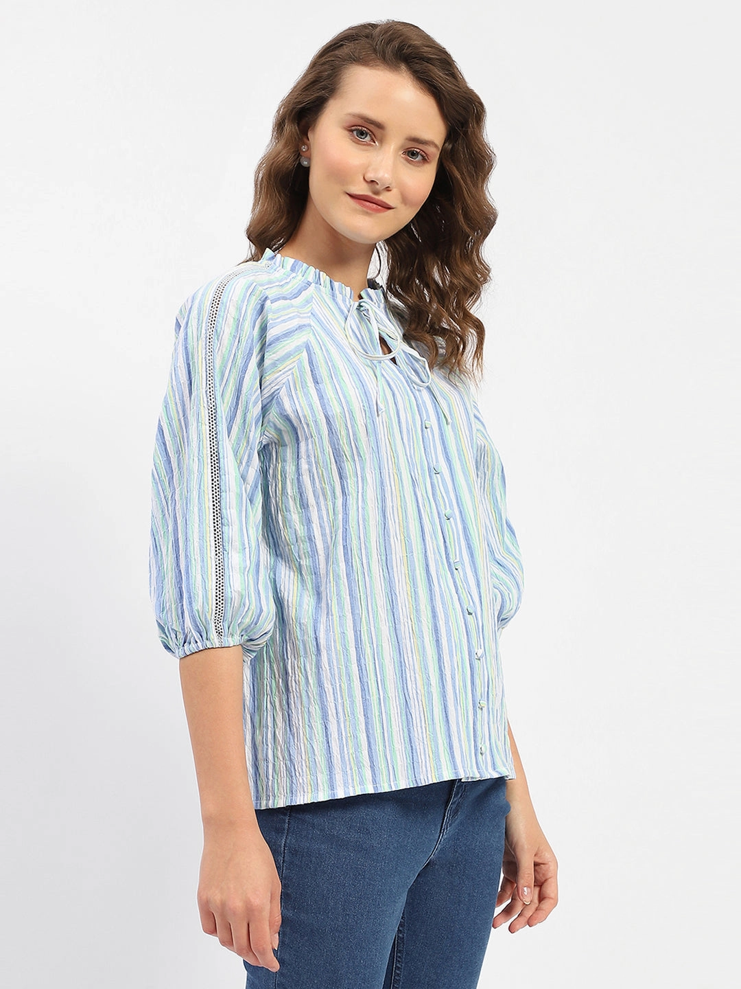 Casual Look Gradient effect Madame Striped Sky Blue Raglan Sleeve Shirt