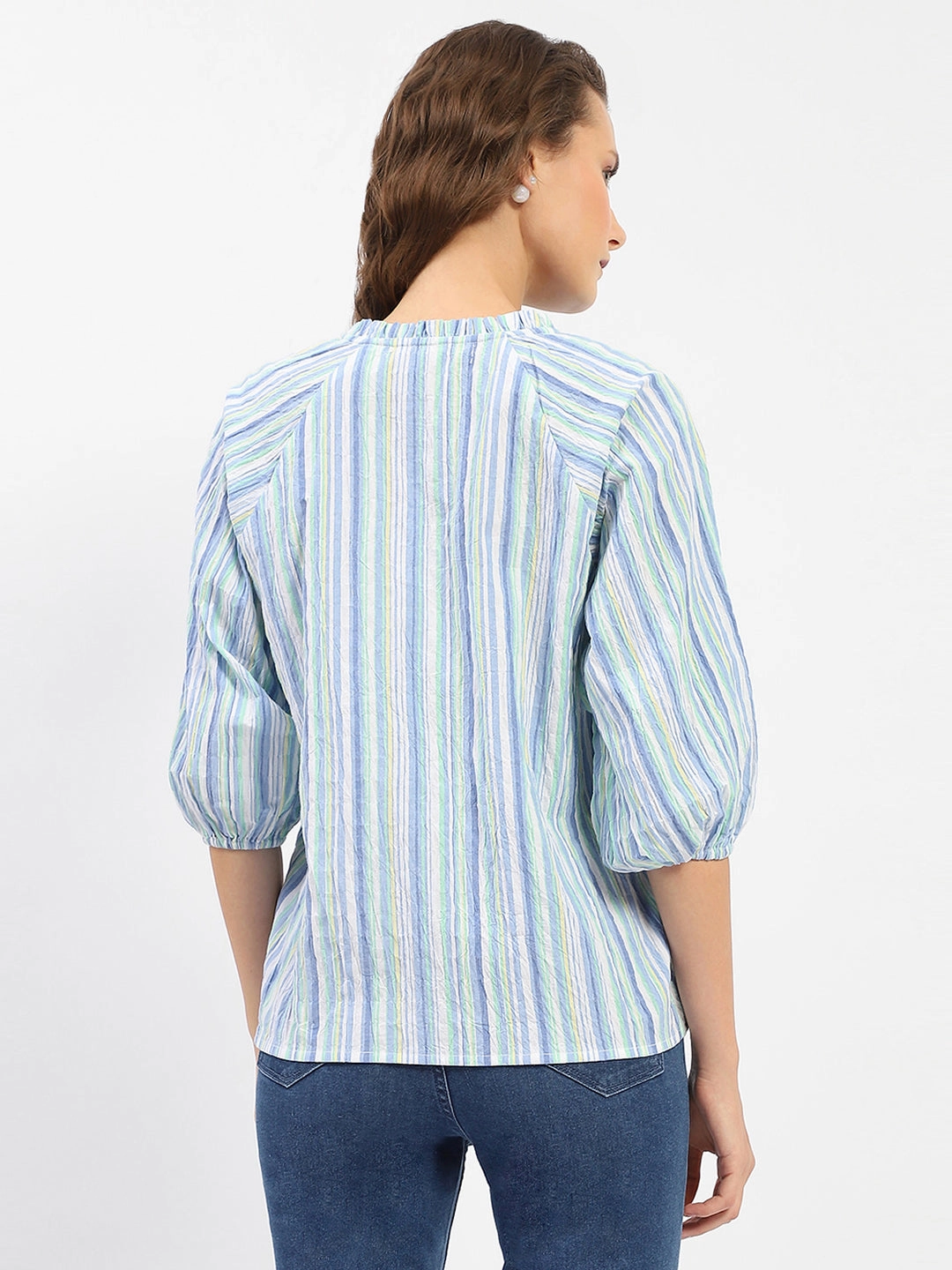 Madame Striped Sky Blue Raglan Sleeve Shirt Polka Dot