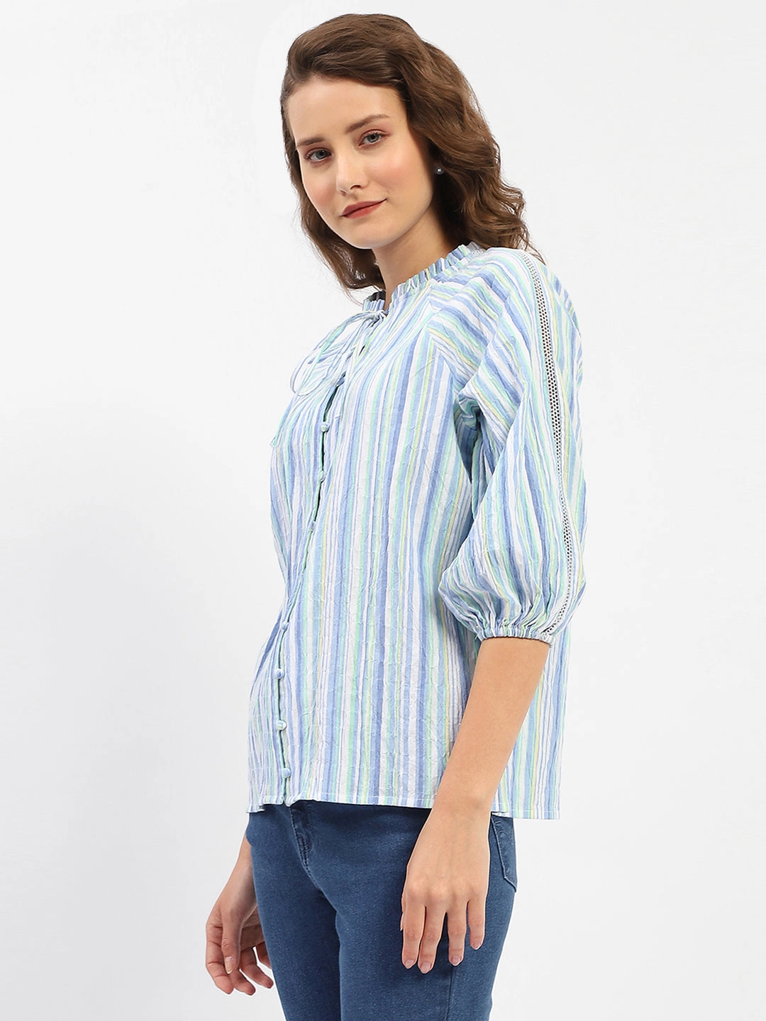 Flexible Knit Corporate Retreat Madame Striped Sky Blue Raglan Sleeve Shirt