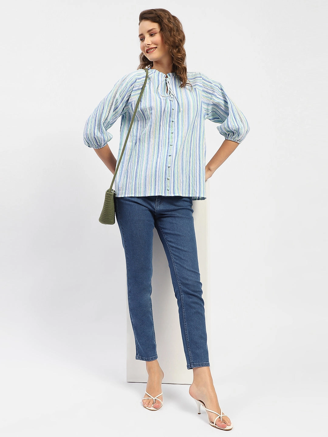 Madame Striped Sky Blue Raglan Sleeve Shirt All-Weather Ready
