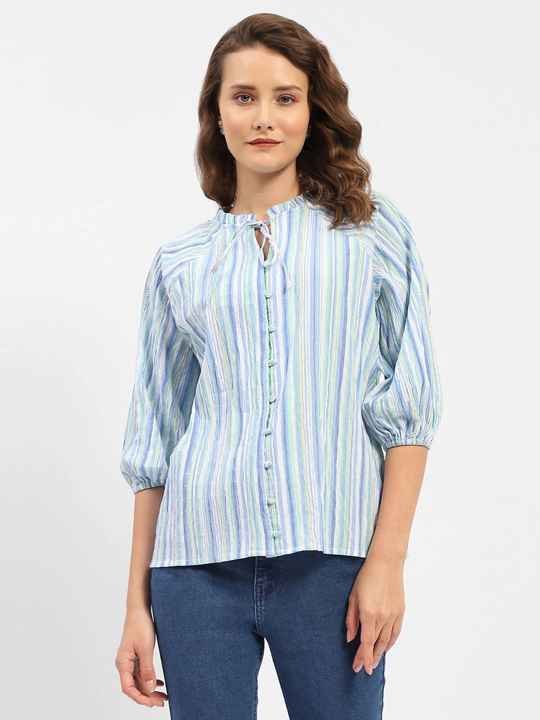 Rooftop Bar Madame Striped Sky Blue Raglan Sleeve Shirt