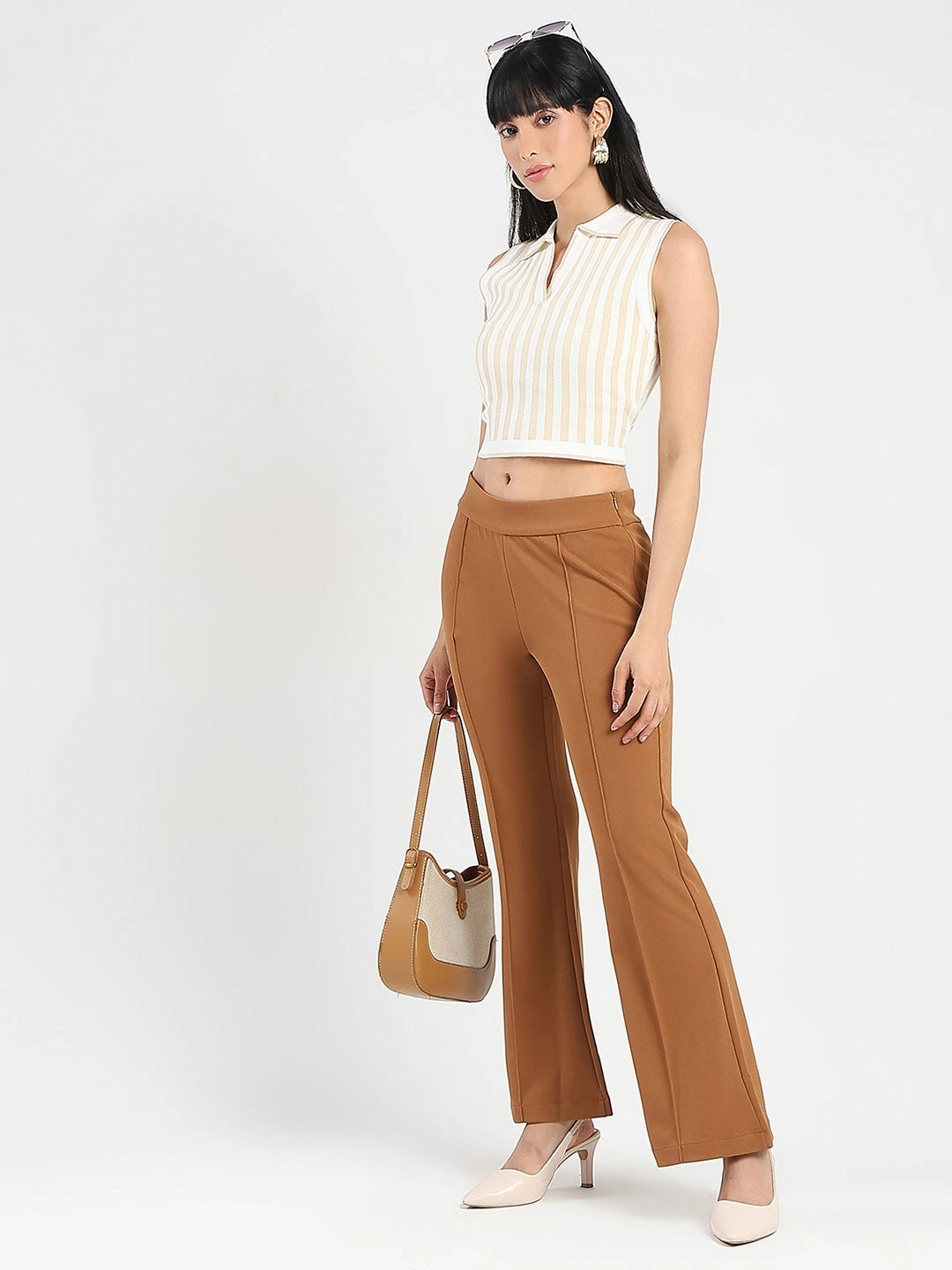 CompressionFit HighNeck Madame Striped Wing Neck Beige Knitted Crop Top