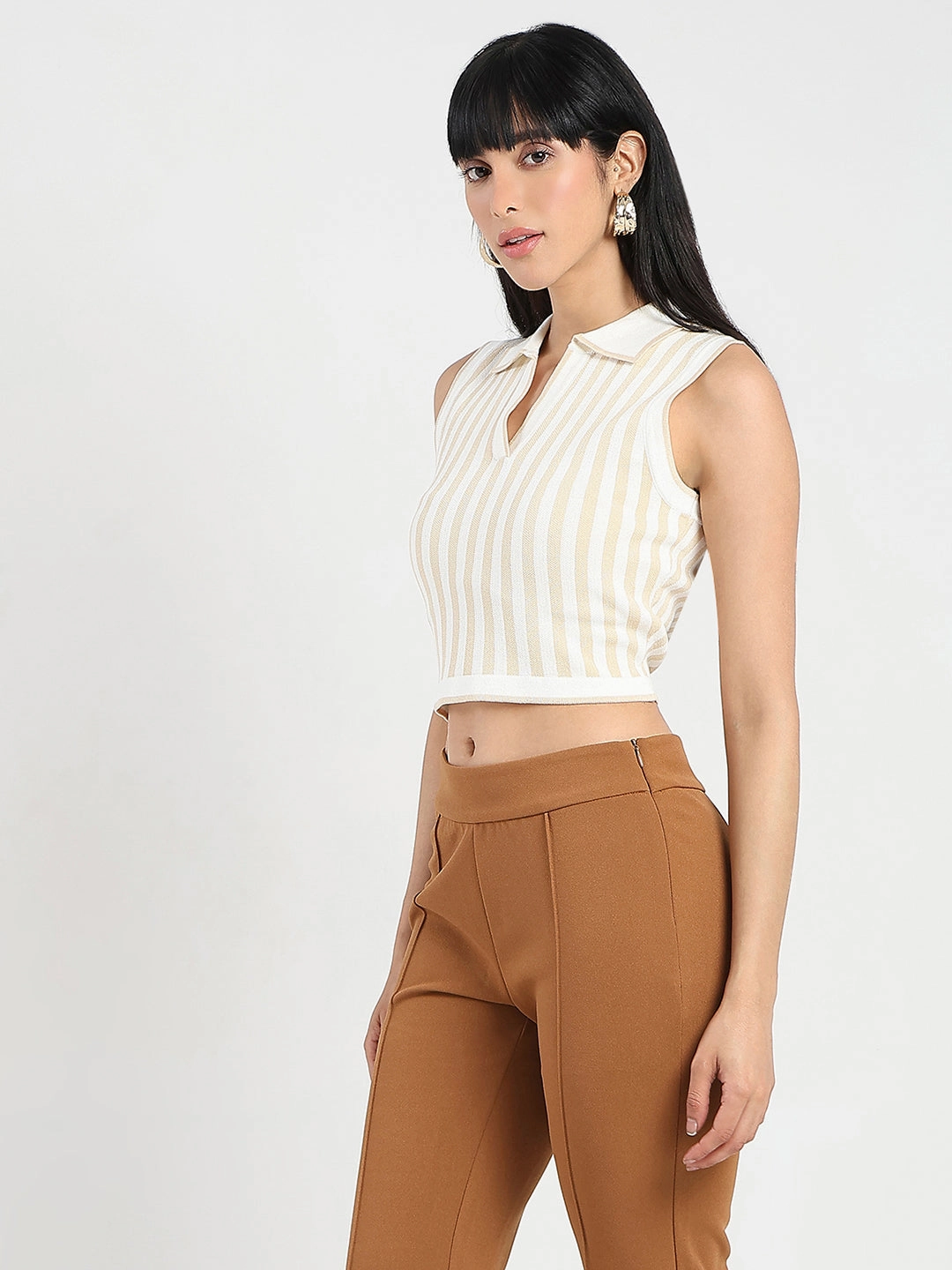 Multi Panel Construction Madame Striped Wing Neck Beige Knitted Crop Top