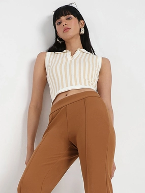 Built In Odor Control Madame Striped Wing Neck Beige Knitted Crop Top
