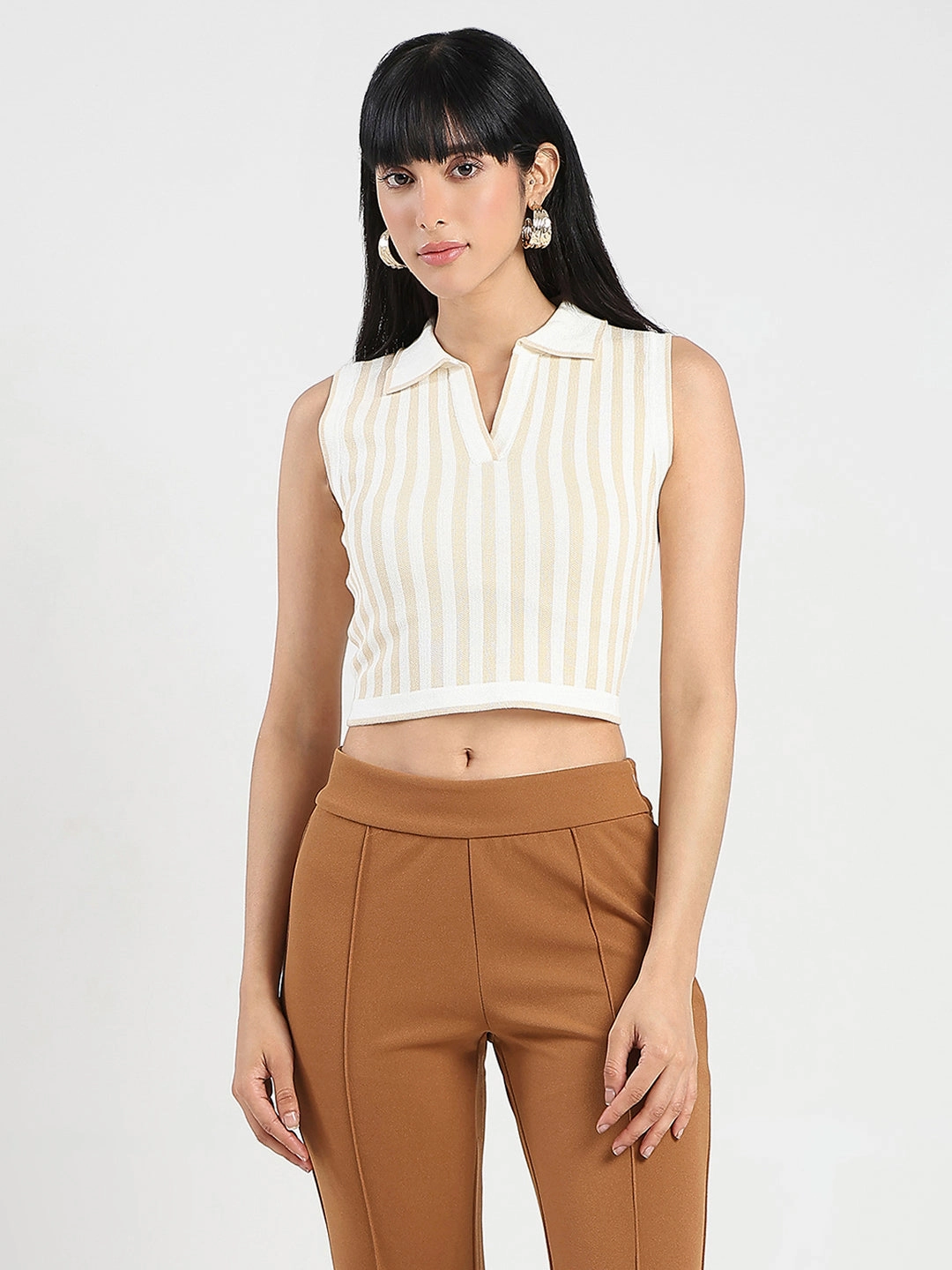 Classic Polo Madame Striped Wing Neck Beige Knitted Crop Top
