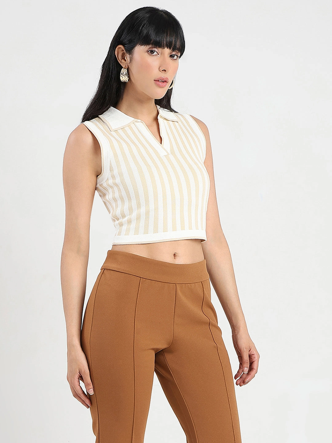 AllDay Comfort Design Madame Striped Wing Neck Beige Knitted Crop Top