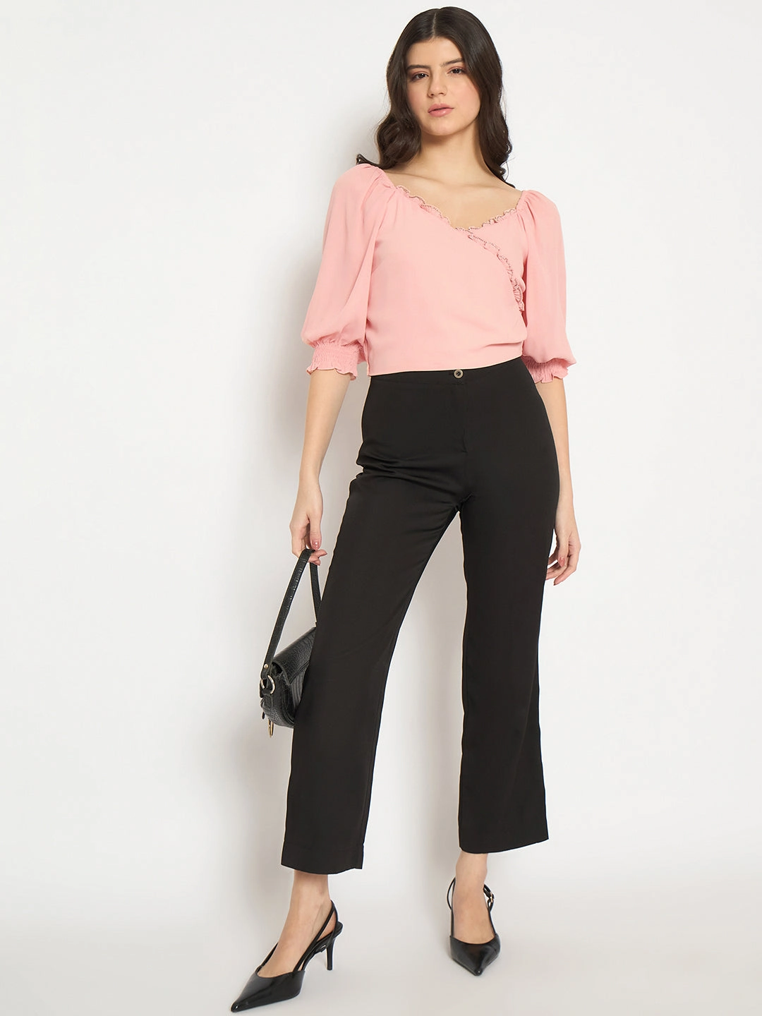 Sandwich Mesh Panel Structure Madame Surplice Neck Peach Wrap Crop Top